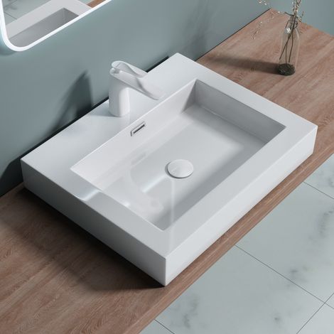 doporro® Lavabo suspendido o Lavabo sobre encimera blanco rectangular Colossum818 de 60cm de ancho Lavabo de mármol mineral fundido (1/5)