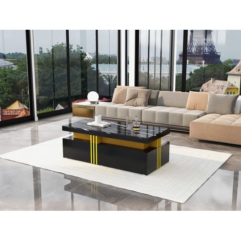 Table basse rectangulaire moderne 100x50x40 cm avec plateau haute brillance, 2 tiroirs en bois, plateau effet marbre pour salon (1/5)