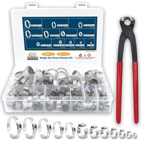 Kit de 150 Simple Colliers de Serrage Oreille en Acier Inoxydable 304 (6-33.1 mm) Réglable，avec Pince - Pour Tuyauterie, Sanitaire et Automobile (12 Tailles + Pince) (1/5)
