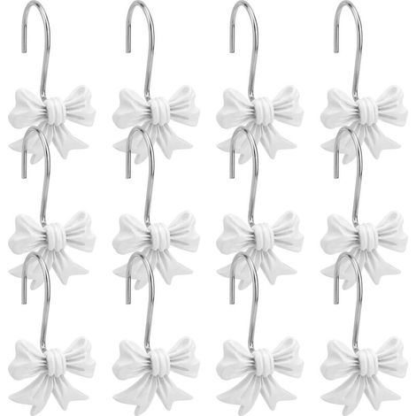 Lot de 12 Crochets Décoratifs pour Rideau de Douche avec Noud Papillon, Anneaux Métalliques pour Salle Bain Chambre Bébé Chambre d'enfant Décoration Artistique (Blanc)