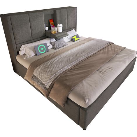 Lit double capitonné 140x200 cm, gris lin, avec porte-verre et chargeur intégrés, sommier à lattes fourni, coffre de rangement hydraulique sous le lit, sans matelas (1/5)