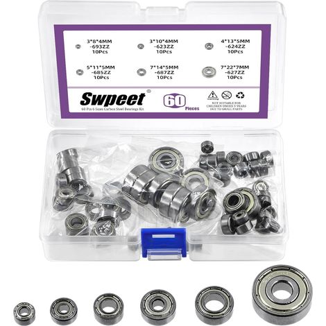 60-Piece Assortment Kit of 6 Sizes: 693ZZ, 623ZZ, 624ZZ, 685ZZ, 687ZZ, 627ZZ Ball Bearings, Deep Groove Carbon Steel Bearings, Double Shielded (1/5)