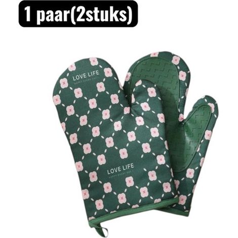 paire - Gant de Four - Gant de Silicone Résistant à la Chaleur Extra Épais – Gant de Four Antidérapant pour Cuisson, Grill et Micro-ondes – Motif Floral - Vert (1/5)