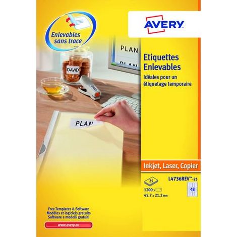 Etiquettes enlevables 45,7 x 21,2 mm Avery L4736-25 - Pochette de 1200 (1/5)