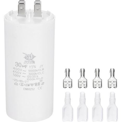 CBB60 30uF Condensateur de Démarrage, 1 Pcs AC450V 4 Broches Double Insertion avec Gaine Ressort, Blanc (1/5)