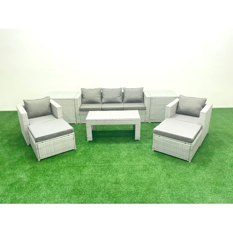 Fimous Polyrattan Gartenmöbel Set 7-Sitzer Outdoor Garten Sofa 2 Sesseln Rechteckiger Couchtisch Set mit 2 Hockern 2 Beistelltischen Hellgrau gemischt (1/5)