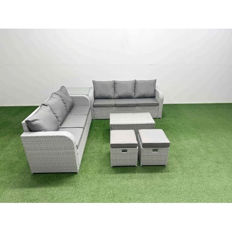Fimous Outdoor Garden Furniture Sets 8 Seater Wicker Rattan Furniture Sofa Sets with Rectangular Coffee Table high Back Lounge Sofa Stools Side Table Light Grey (1/5)