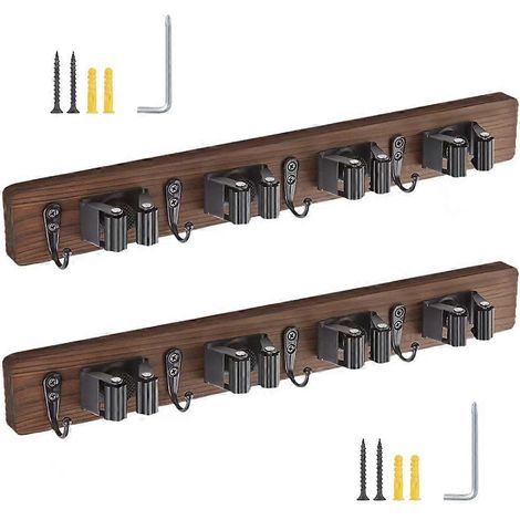 Dekorativer, wandmontierter Besen- und Mopphalter mit 4 Schlitzen und 4 Haken. Wandmontierter Halter für Gartengeräte. (1/5)