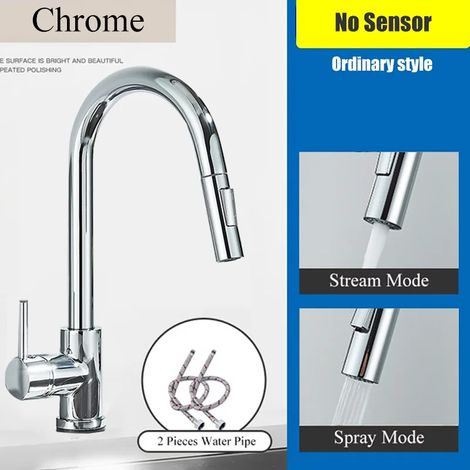 Robinet de cuisine chromé nickel brossé à double fonction, mitigeur extractible pour eau chaude et froide, robinet de lavabo à poignée unique, montage sur plage. (1/5)