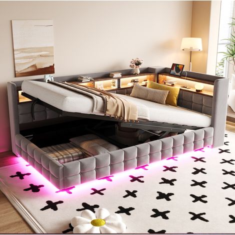 Sofá cama 217x105.5x85 cm, con almacenamiento hidráulico, estantes de madera, LED y carga USB C, terciopelo gris claro (1/5)