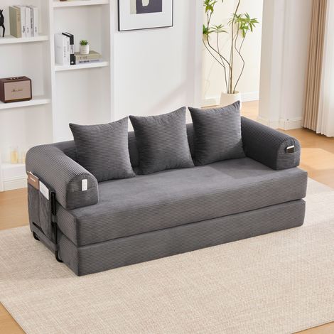 Canapé-lit pliable à compression métal robuste poches latérales 3 coussins agencement lounge gris foncé
