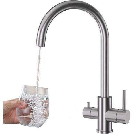 Mitigeur Cuisine 3 voies avec Filtre à Eau, 2 leviers, Acier Inoxydable Brossé, Pivotant 360° (1/5)