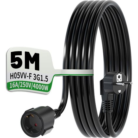 Rallonge de 5 m noir H05VV-F 3G1,5 - Câble d'extension Schuko coudé à 90° avec protection anti-torsion - Câble d'alimentation puissant 16 A/250 V - Avec serre-câbles - Pour appareils ménagers (1/5)