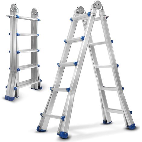 Randaco Escalera telescópica Escalera extensible ligera de aluminio 4x4 nivel plata + escalera extensible extensible multifunción