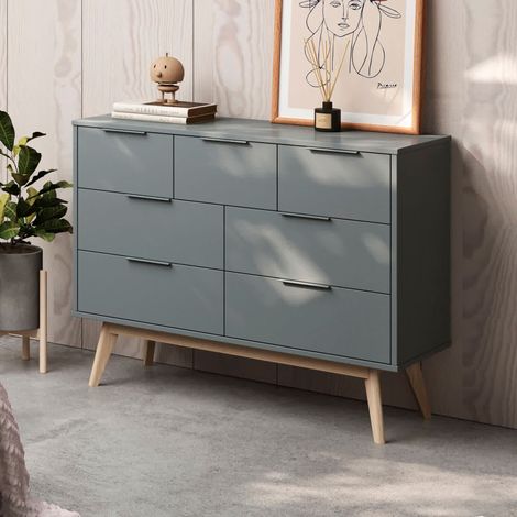 Commode 5 tiroirs 120x40x83 cm en pin vert grisé - KLIMEA