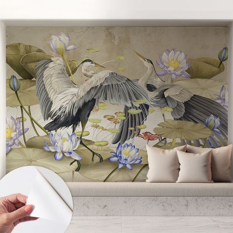 Fototapete Selbstklebend - Büro Wandgestaltung - Wanddekoration Wohnzimmer Vögel und Lilien 208x146 cm (1/5)