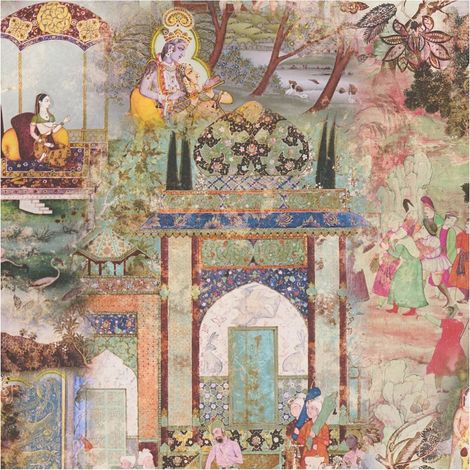 Papier peint asiatique Profhome 381741 papier peint non-tissé lisee sans texture avec des motifs d'architecture mat vert orange jaune rouge 5,33 m2 (1/5)