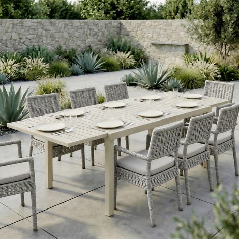 Tavolo da giardino allungabile 150-225 cm per 6-8 persone, tavolo da pranzo per esterni in alluminio, piano a doghe, bianco