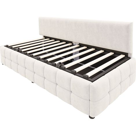 Lit rembourré convertible 90 x 200 cm avec coffre hydraulique, velours beige, HOMVRA (1/5)