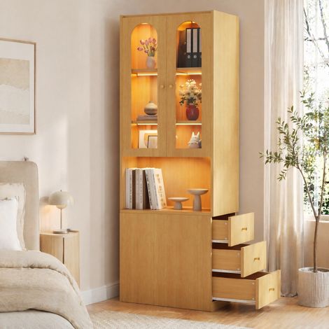Libreria alta con vetrina e LED, 60 x 40 x 200 cm, rovere HAVRYA (1/5)