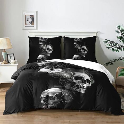 Bettwäsche-Set Totenkopf 3-teilig 200x200 cm mit 2 Kissenbezügen 65x65 cm, 3D-Druck, Microfaser