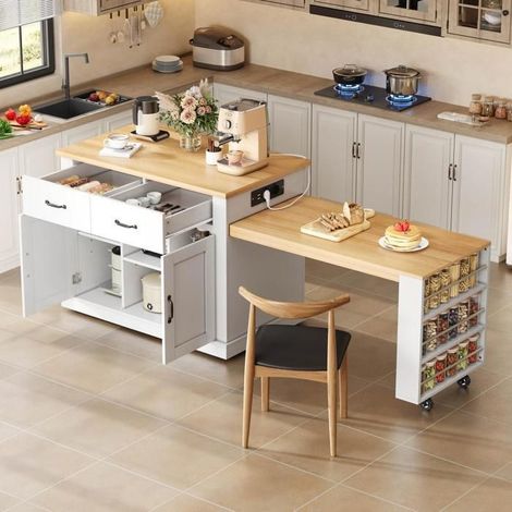 Îlot de cuisine mobile - KOMHTOM - 132x60x93 cm - Blanc/Chêne - Table extensible - 7 roulettes (1/5)