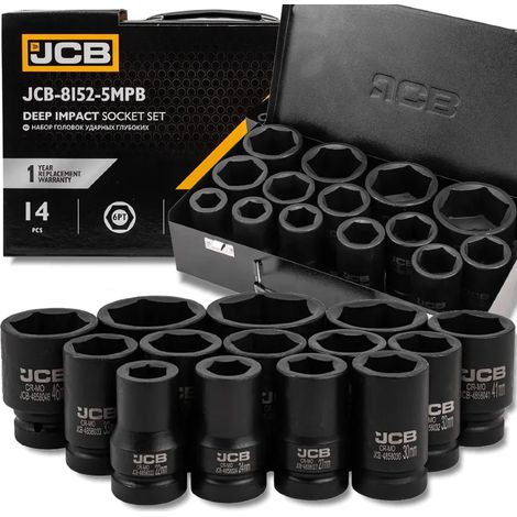 Juego de 14 llaves de vaso de impacto profundas de 6 puntas de 1" de acero al cromo-molibdeno JCB (1/5)