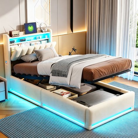 JOOKGBD-Lit Coffre 90x200 cm avec LED et USB,Lit Simple Rembourré 90x200 cm avec Sommier et Rangement et Tête de lit,lit adolescent,pour Adulte Adolescent,Velours,Beige (1/5)