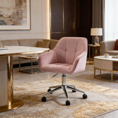Chaise de bureau 40.5x40x48-57 cm rose en velours et métal avec hauteur réglable et rotation 360° (1/5)