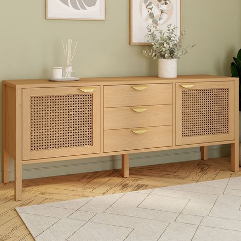 Aparador bajo EDHEN 140 cm, 2 puertas y 3 cajones, madera y mimbre