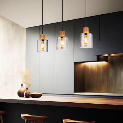 Hängeleuchte Holz Retro Pendelleuchte Rauchglas Hängelampe schwarz, Höhenverstellbar, Metall, 3x E27 Fassung, LxBxH 64x12x120 cm (1/5)
