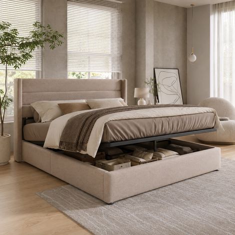 Lit Capitonné Double 160x200 cm avec Hydraulique de Rangement, lit Coffre avec Tête, Cadre de lit avec Sommier à Lattes, sans Matelas, lin, Beige (1/5)