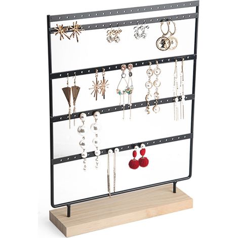 Schmuckregal mit 100 Fächern Elegant Verchromt 35 x 27 x 7 cm Schwarz/Weiß 5 Etagen Material: Eisen und Buche 400–500 g Bietet Platz für 50 Paar Ohrringe (1/5)