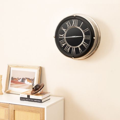 Horloge Murale Silencieuse Cadre Argenté Chiffres Romains Argentés Couvercle en Verre Grande Horloge Murale Décorative Moderne 34,5 CM CW6357 Maison Chic (1/3)