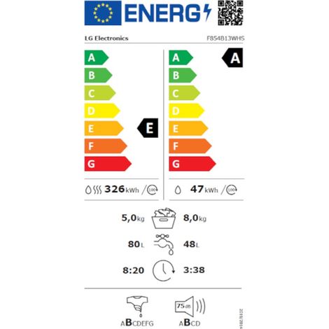 LG – Lave-linge séchant 8 kg – Séchage 5 kg – Vitesse d'essorage 1400 tr/min – Classe énergétique A – Moteur Direct Drive – 75 dB (1/2)