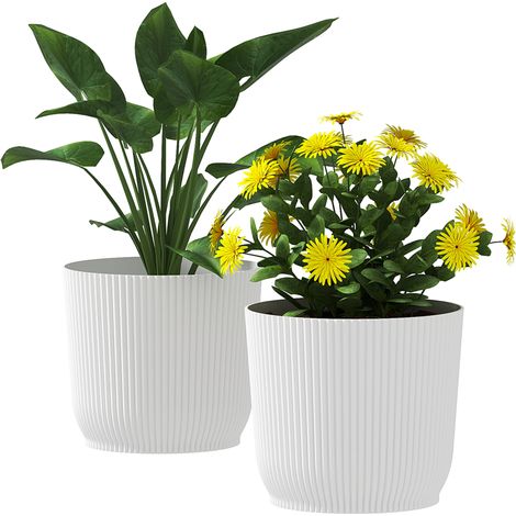 FLITI Set of 2 Planters Ø22cm in White PP Ribbed Design Stackable Indoor Outdoor 20cm (1/5)