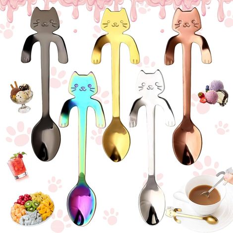 Hängender Teelöffel in Katzenform aus Edelstahl, 5 Stück Hängender Löffel in Katzenform aus Edelstahl, für Wasser, Tee, Milch, Kaffee, Desserts, Getränke, Milchshakes (5 Farben) (1/5)