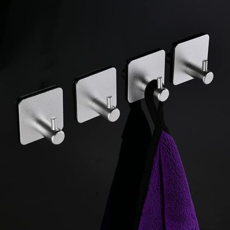 Sollbry 4 Pièces Crochet Adhesif Mural, Poids Lourd Aluminium Solide Accroche, Crochet Adhésif Mural de Salle de Bains, Auto-Adhesif sans Percer Hook pour Cuisine, Salon, Bureau -Argent (1/5)