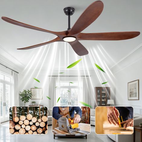 Ventilateur de plafond avec lumière 60 pouces, 5 pales en bois noyer foncé, 3CCT, 6 vitesses, REDOM