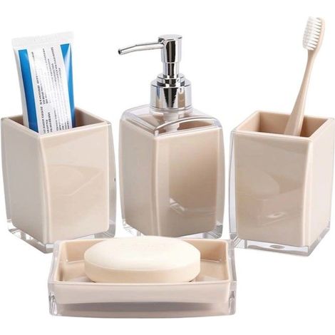 Set Accessoires Salle de Bain 4pcs Distributeur de Savon Gobelet et Porte-Savon Beige