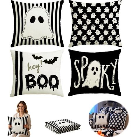 Ensemble de 4 housses de coussin décoratives - 50 x 50 cm - Motif Halloween - Tissu lin - Fantôme - Esprit - Noir et blanc - Convient pour canapés, lits et fauteuils - Housse seule (noire) (1/5)