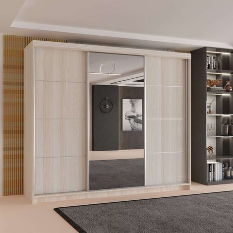 Modern 3 Door Sliding Wardrobe 250cm, Spacious Storage with Shelves & Hanging Rails, Space Saving Bedroom Furniture - Oak 250cm (1/4)