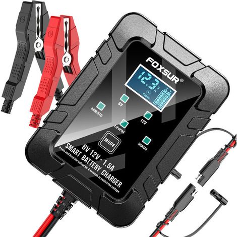 Chargeur de batterie au plomb-acide pour tondeuse à gazon/moto 1,5 A, 6 V 12 V, fer lithium, chargeur de prise SAE entièrement automatique (1/4)
