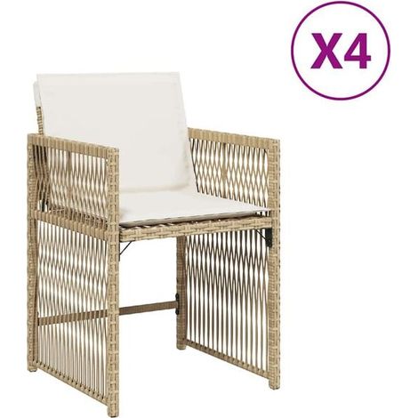 Ensemble de 4 Chaises de Jardin en Rotin Synthétique avec Coussins Beige, Fauteuils d'Extérieur Tressés en Résine pour Terrasse (1/5)