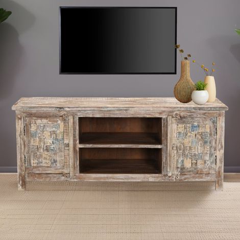 Meuble TV en bois recyclé coloré blanchi 150cm LILA - 150x40x60 cm - Kayu Meuble
