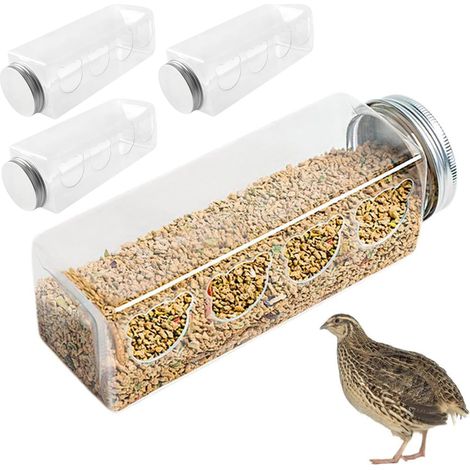 Lot de 4 mangeoires transparentes pour cailles, boîte d'alimentation pour poussins avec 4 trous en forme d'ours, mangeoire pour poulets sans déchets, idéale pour les petits oiseaux, l'alimentati (1/5)
