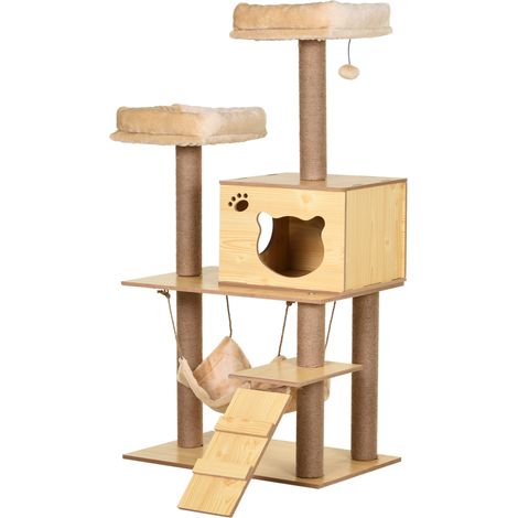 Moderner Katzenbaum mit Kratzstämmen aus Natursisal, einem Versteck, einer Plattform, einer Hängematte und einem beigen Ball.