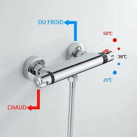 Thermostat-Duscharmatur, verchromtes Messing, Verbrühungsschutz, 38 °C, mit Sicherheitsvorrichtung, Silber, für Badezimmer - 4-Punkt-Anschluss (1/2)
