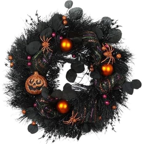 Couronne Halloween Citrouille Noire 50cm pour déco pour porte Couronne d\'Halloween Noire 50CM avec Citrouilles, Décoration Effrayante pour Porte d\'Entrée et pour fête