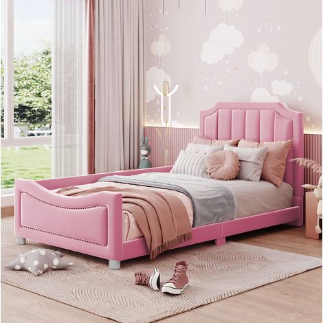Letto imbottito in flanella rosa 90x200 cm con rete a doghe, schienale e braccioli (1/5)